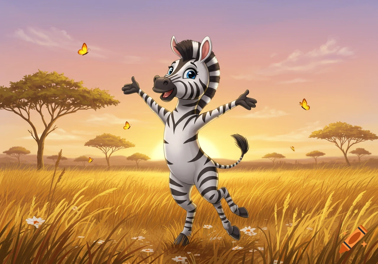 A cheerful cartoon zebra dances in a golden savanna at sunset with butterflies.