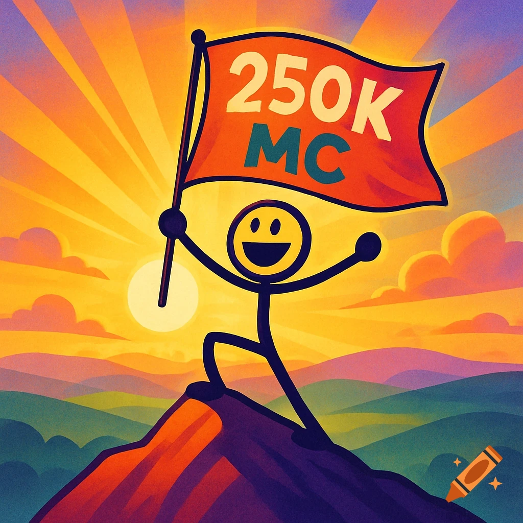 A jubilant stick figure stands atop a mountain at sunrise, holding an orange flag with '250K MC' written on it. Illustration style.