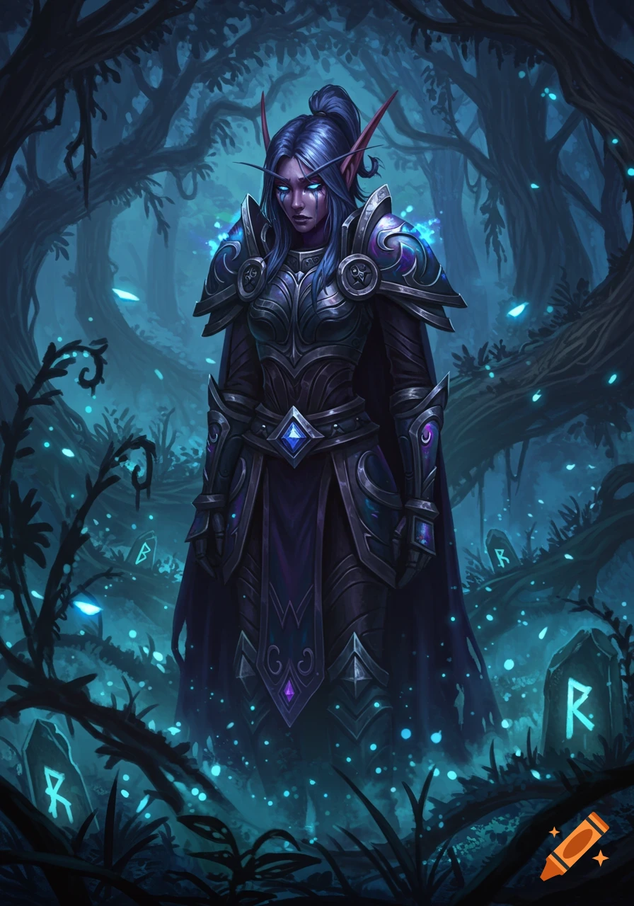 A blue-skinned Night Elf Death Knight in dark armor stands in a mystical, glowing blue forest with rune stones.