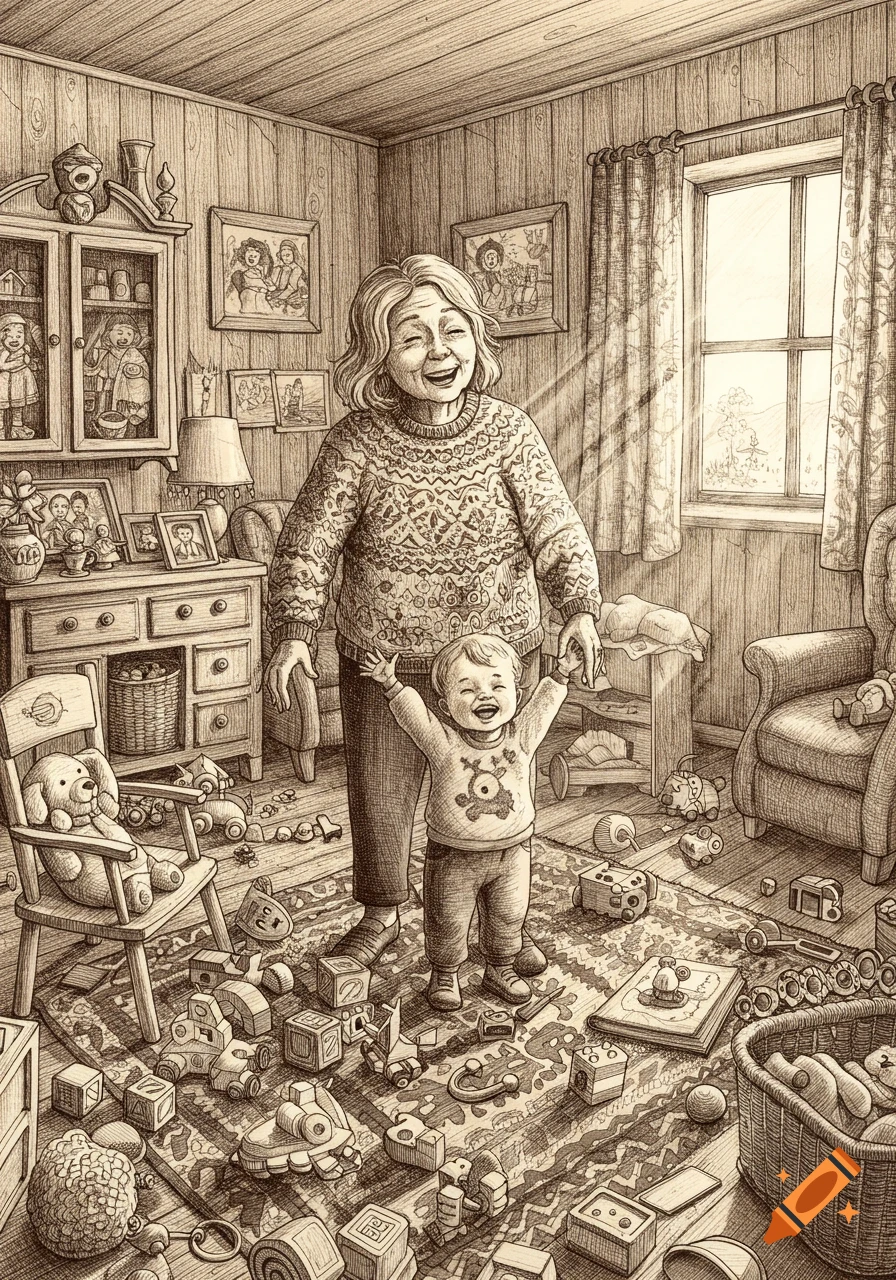A sepia-toned pen and ink illustration shows a laughing grandma and a joyful toddler surrounded by toys in a cluttered room.
