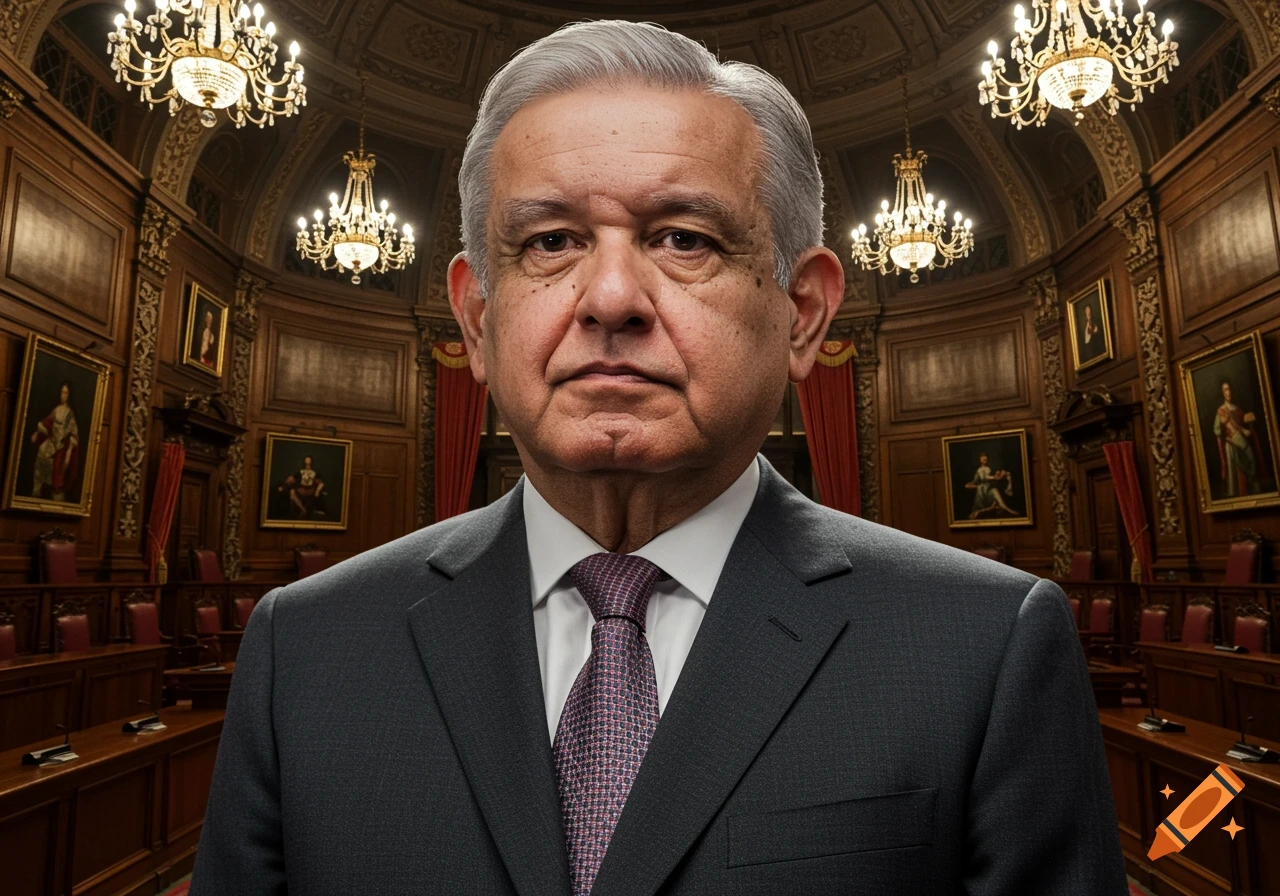 Photorealistic portrait of a Mexican politician, an older man in a suit, in a formal, ornate room.