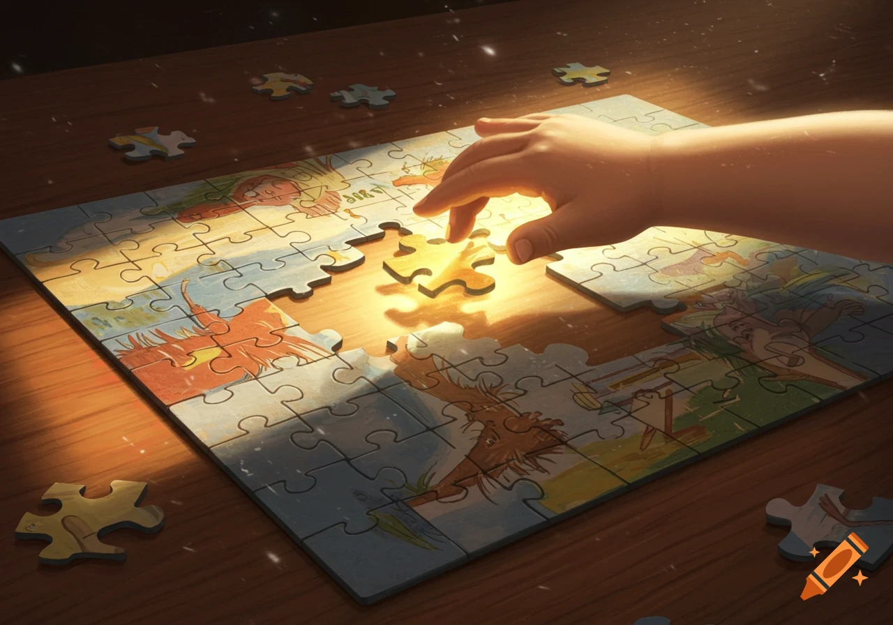 A child's hand places a glowing puzzle piece into a partially completed fantasy puzzle on a wooden table, in a warm, artistic style.
