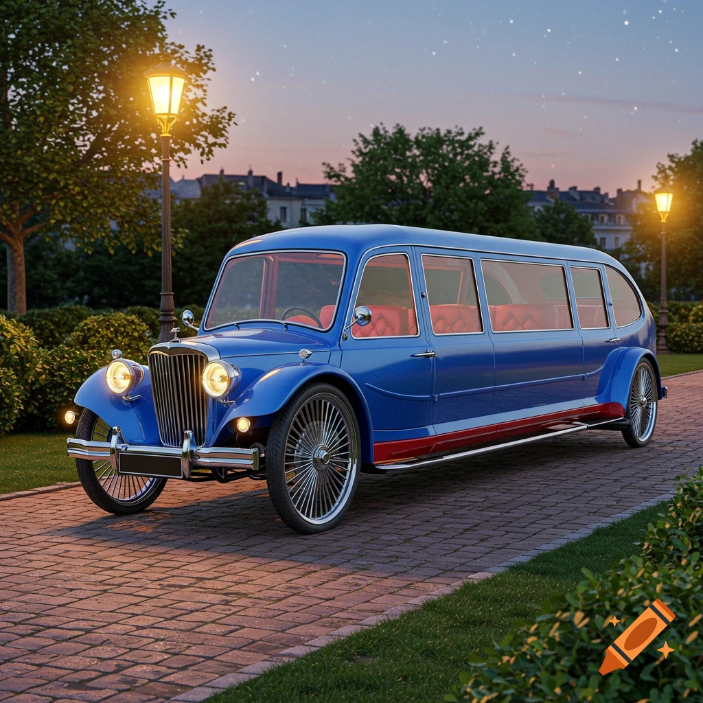 A long, vintage-style blue limousine with red trim and spoked wheels parked on a brick path at dusk, illuminated by streetlights.