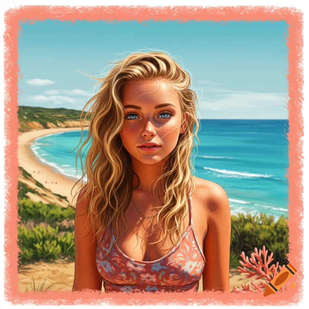 A stylized portrait of a blonde woman with blue eyes and freckles wearing a floral top, standing on a hill overlooking a sunny beach.