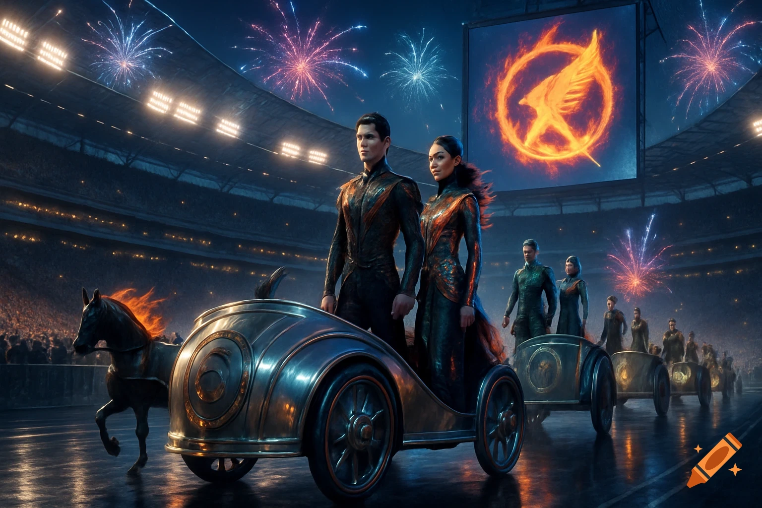 Two people in futuristic outfits on a fiery chariot lead a parade in a large stadium under fireworks, with a fiery bird symbol on a screen.