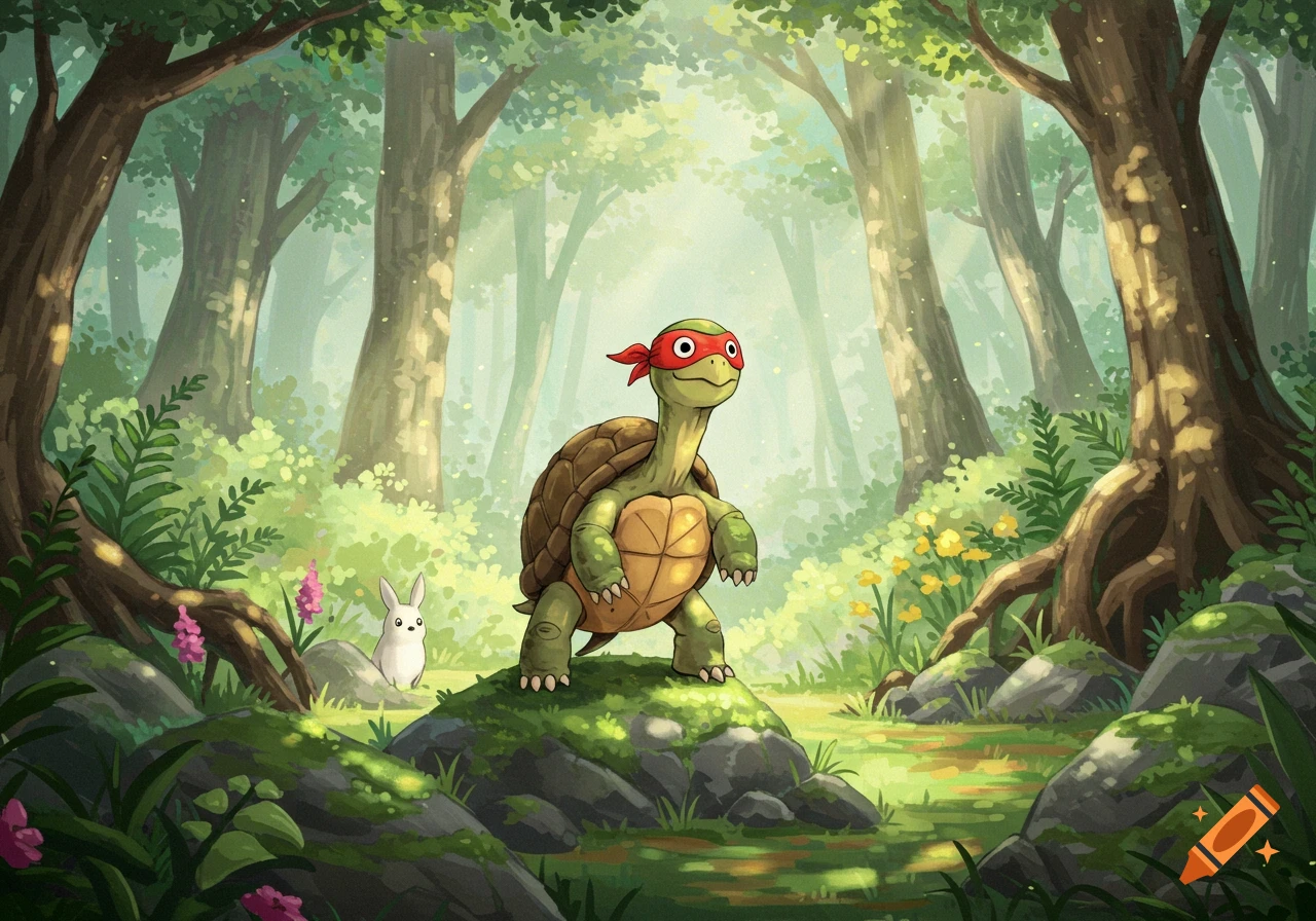 A whimsical Studio Ghibli style illustration of a green turtle wearing a red ninja mask standing on a mossy rock in a sun-dappled forest, with a white rabbit behind it.