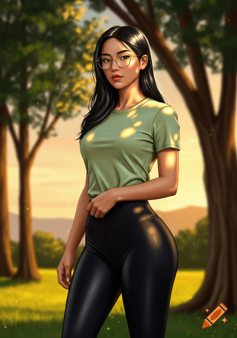 A digital art portrait of a young woman with long black hair and glasses, wearing a green t-shirt and black leggings, standing in a sunny park.