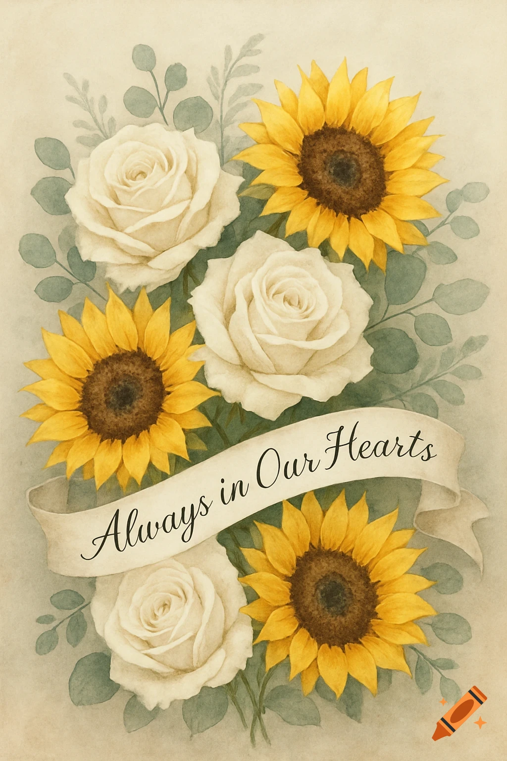 A watercolor bouquet of yellow sunflowers, white roses, and eucalyptus leaves, with a ribbon reading "Always in Our Hearts" in elegant script.