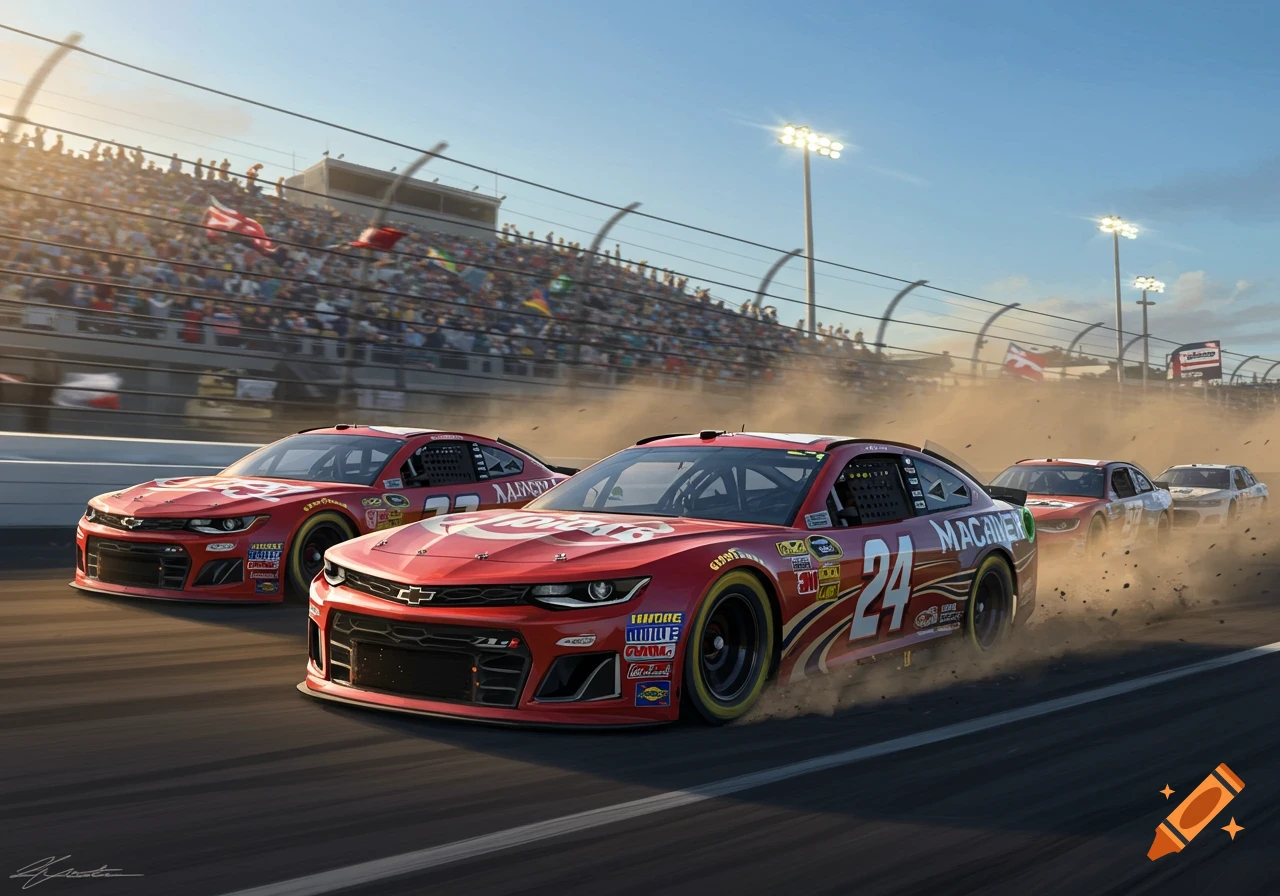 Photorealistic image of two red NASCAR race cars side-by-side on a track, kicking up dust with a crowd in the background during sunset.