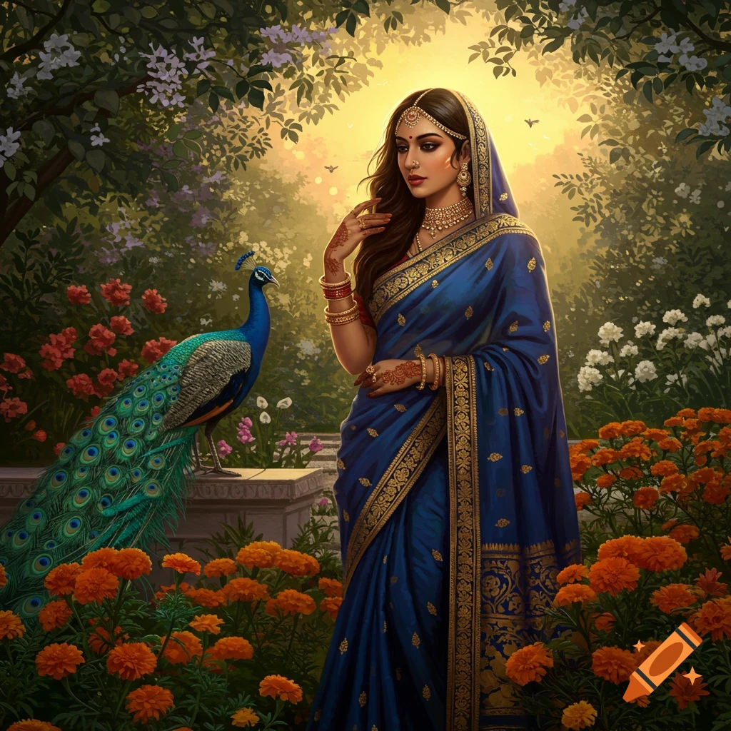 An Indian woman in a blue saree with gold trim and jewelry stands in a lush garden with a peacock, surrounded by marigolds, at sunset.
