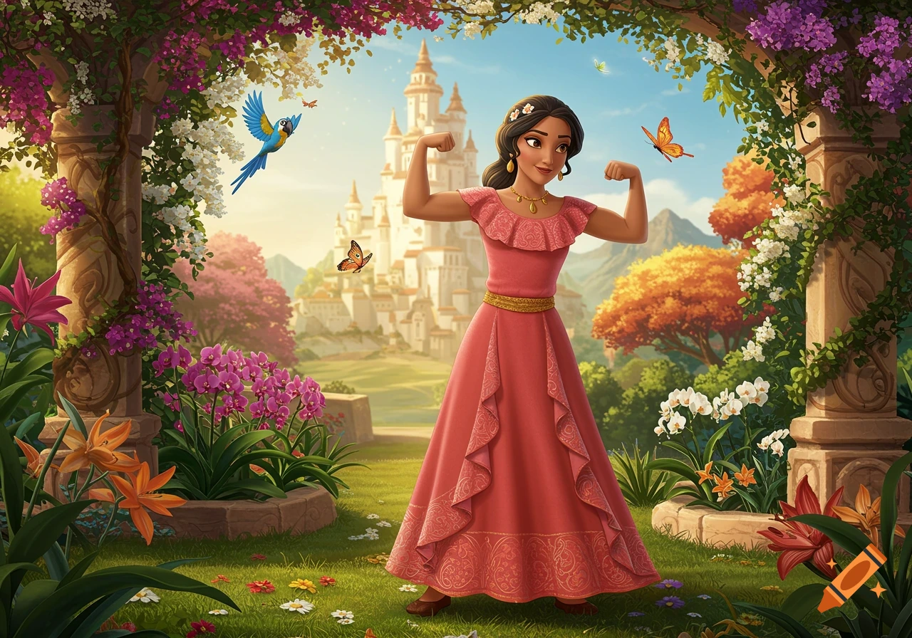 A Disney-style animated woman in a pink dress flexing her muscles in a vibrant garden with a castle behind her.