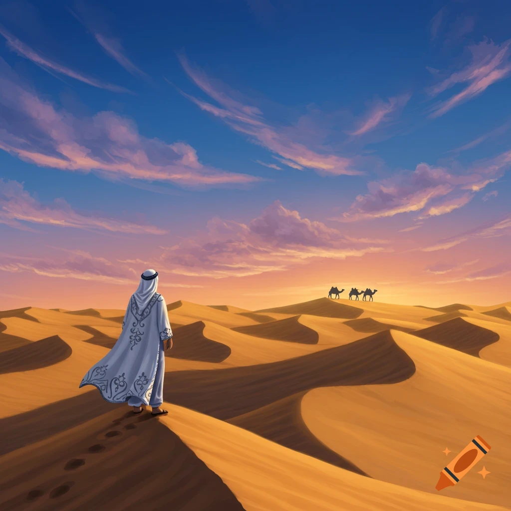 A person in white robes walks across sand dunes at sunset, leaving footprints. Three camels are visible in the distance.