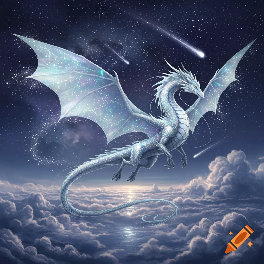 A majestic white celestial dragon with shimmering, star-filled wings flies gracefully through a starry night sky above a cloudscape.