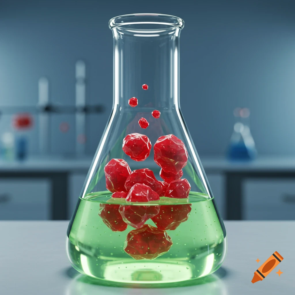 A clear glass flask holds a light green liquid with red solids floating and sinking, in a blurred laboratory setting.