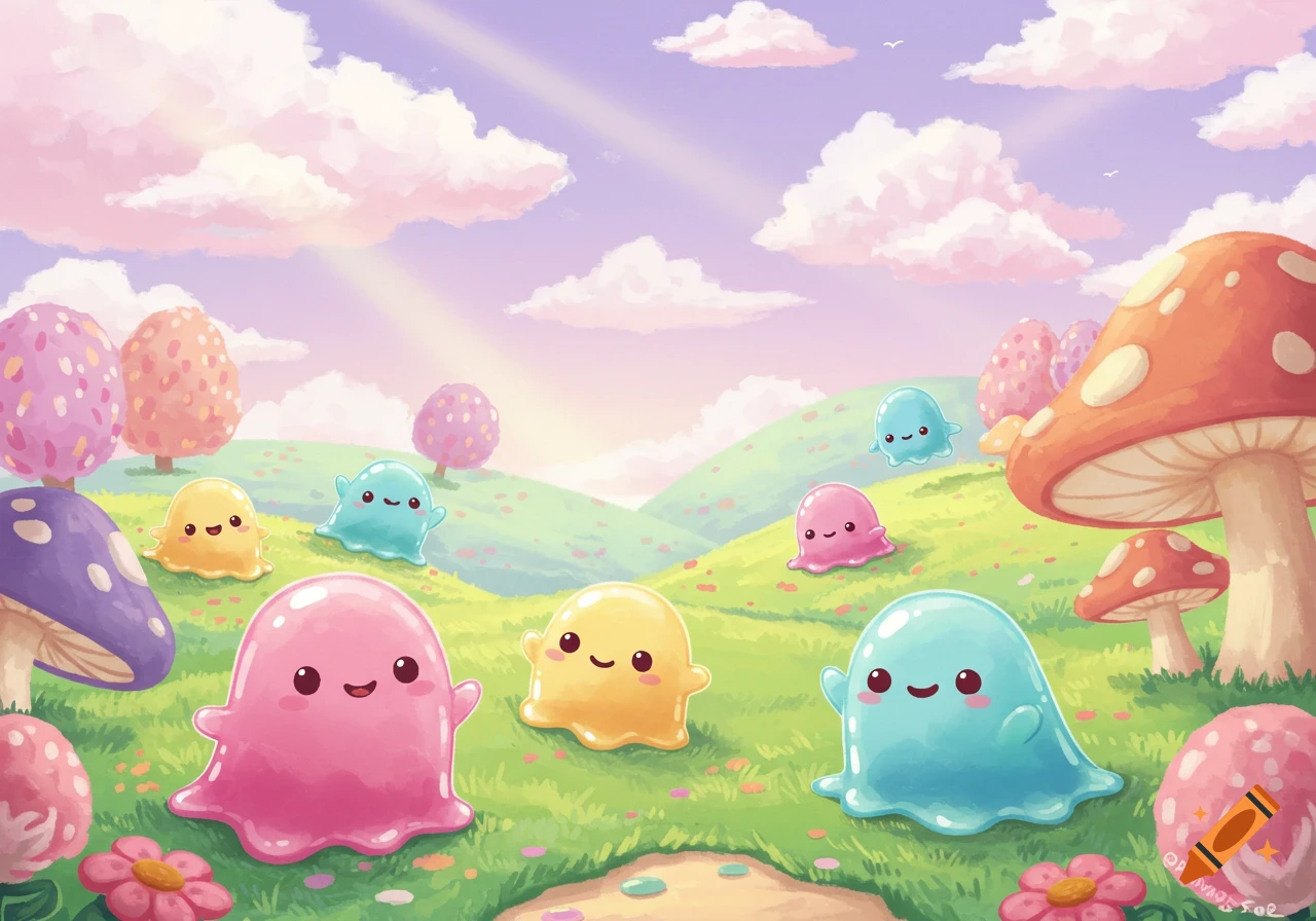 A whimsical, pastel illustration of several colorful, squishy blob creatures with smiling faces in a vibrant mushroom forest.