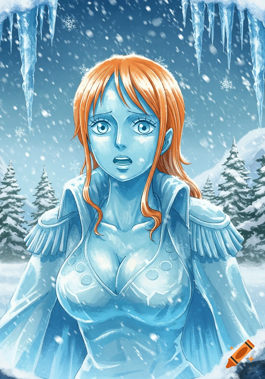 Anime character Nami from One Piece as a surprised ice statue in a snowy winter landscape with icicles.