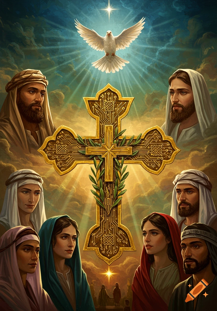 A religious art piece showing Jesus and other biblical figures surrounding a golden cross with circuit board patterns, under a shining star and a dove.