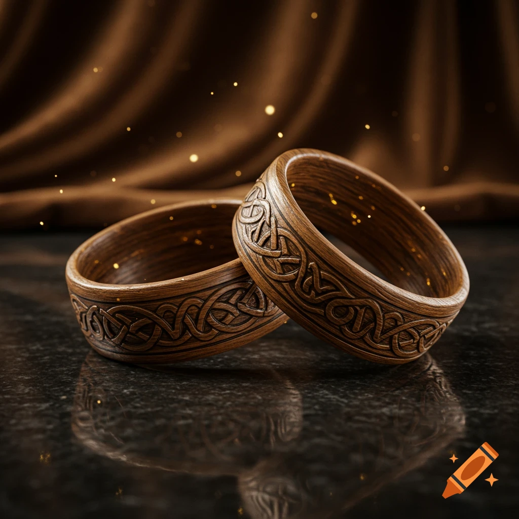 Two carved wooden rings with celtic knots resting on a dark, reflective surface with golden light specks.