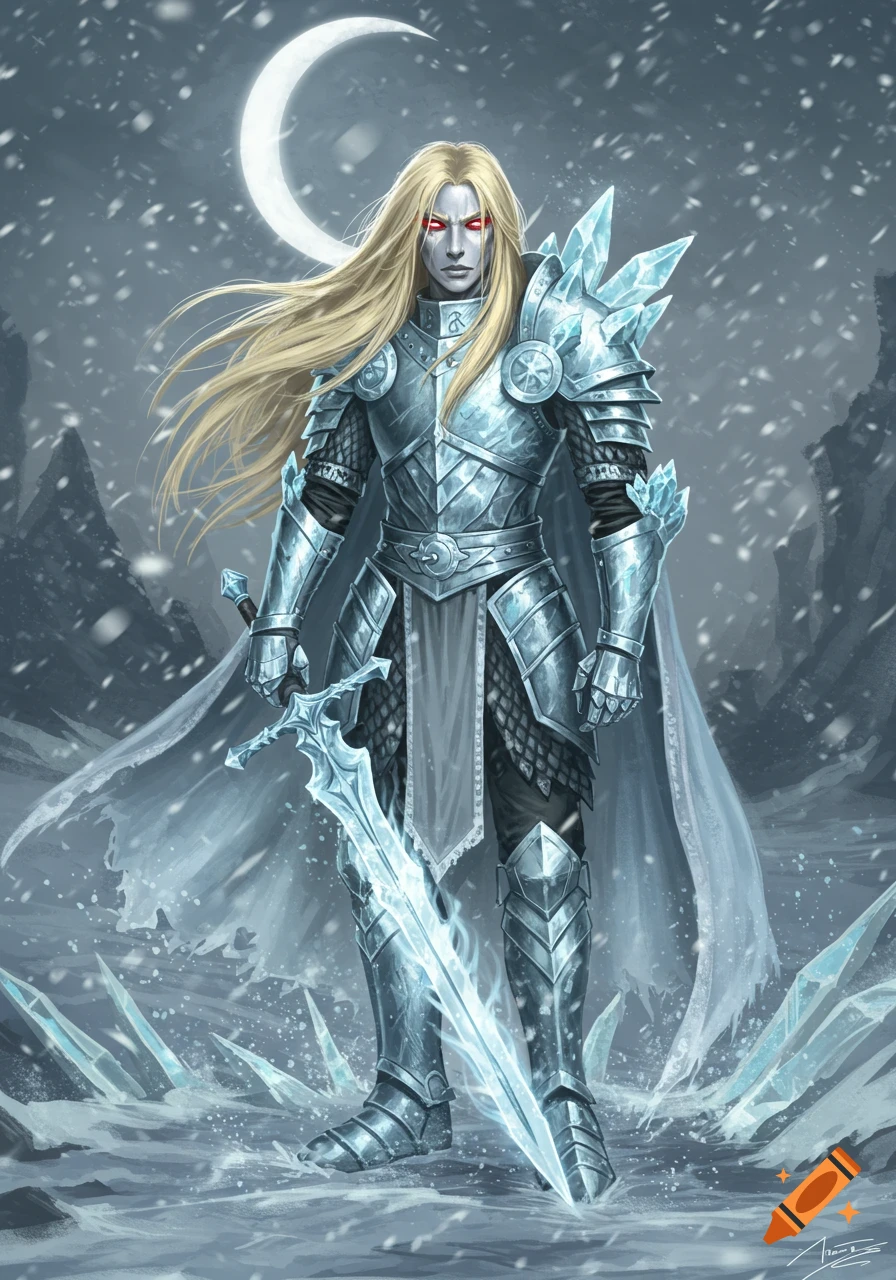 A blond ice paladin with piercing red eyes stands in shining armor, holding an icy sword in a snowy, moonlit fantasy landscape.