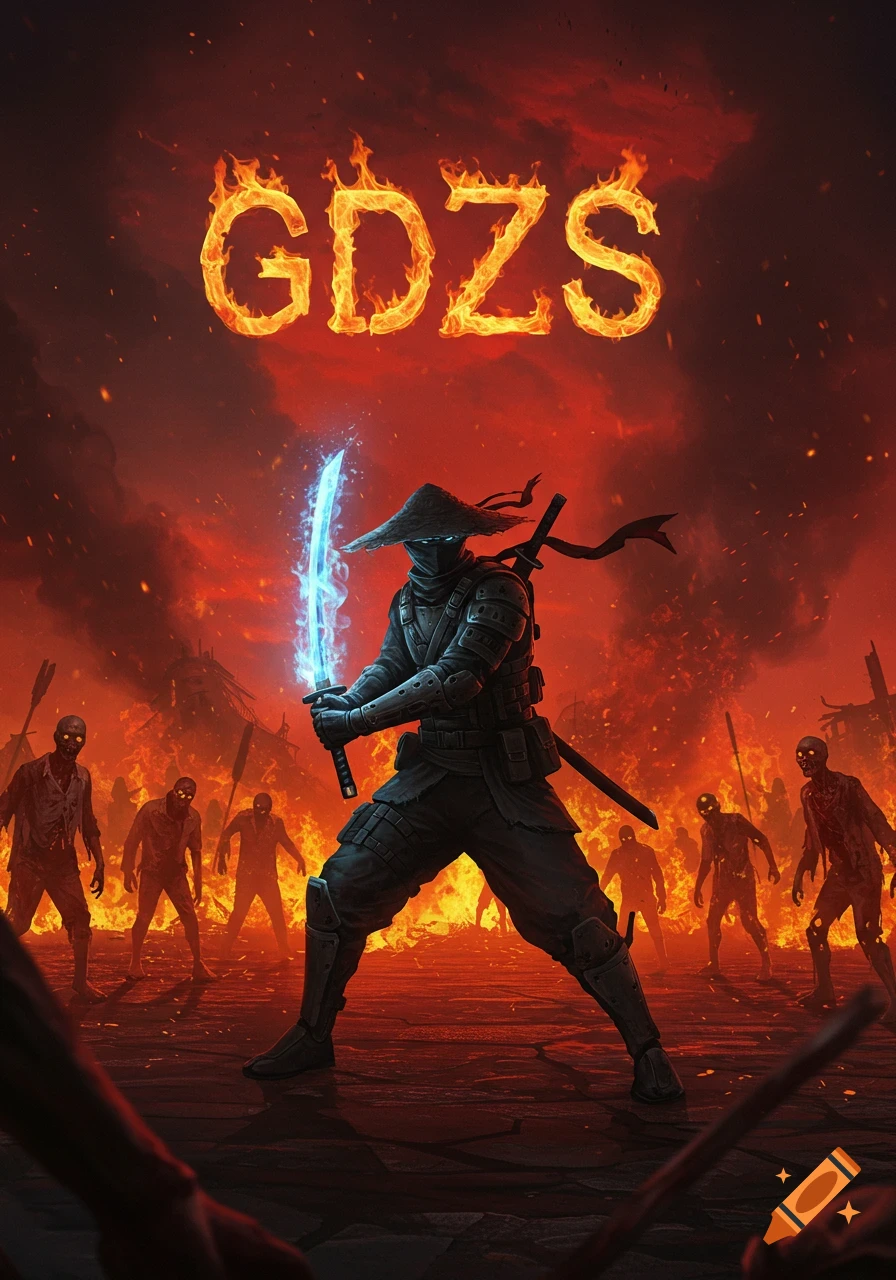 A ninja soldier with a glowing blue sword confronts zombies in a fiery, apocalyptic landscape with "GDZS" in flames.