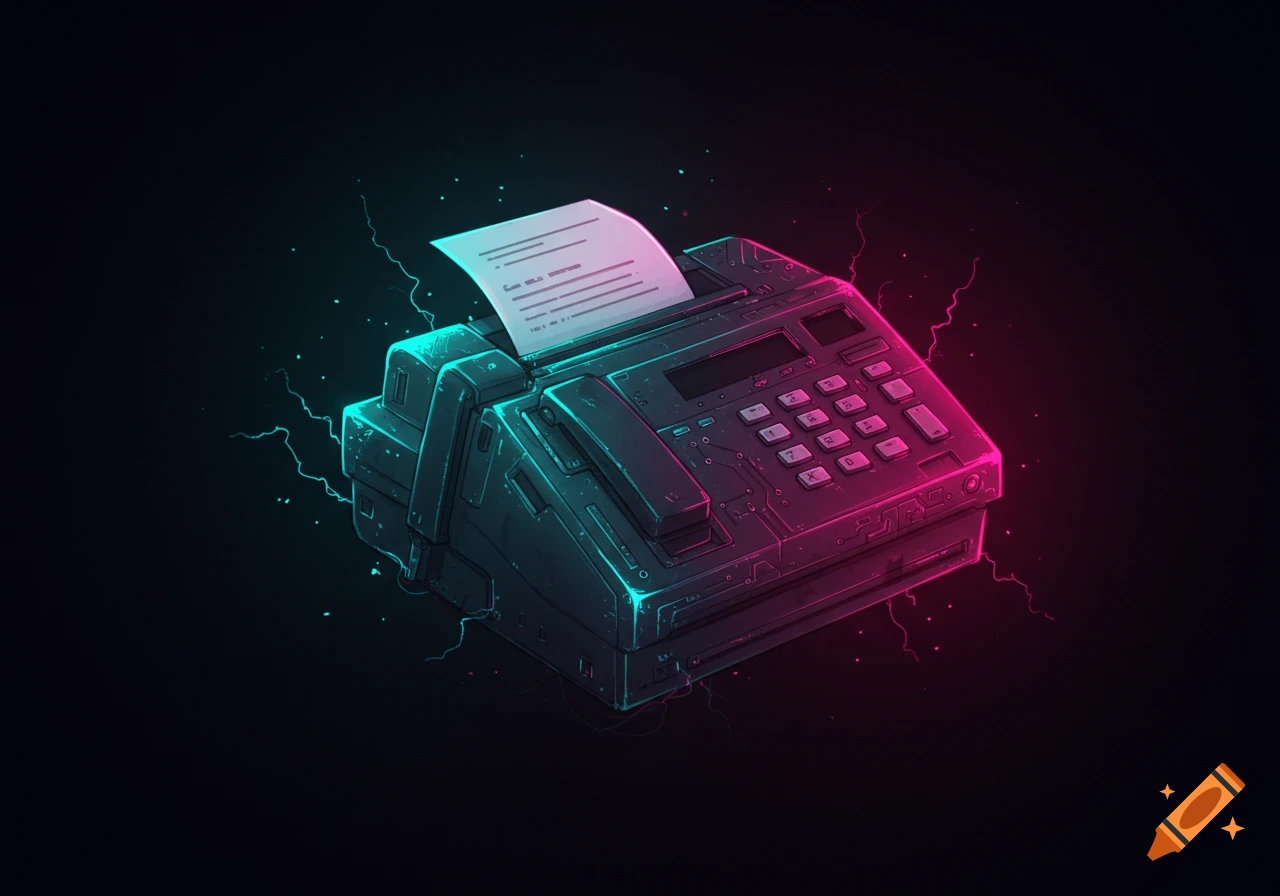 A retro-futuristic fax machine with glowing teal and magenta neon outlines on a dark background, with a sheet of paper emerging.