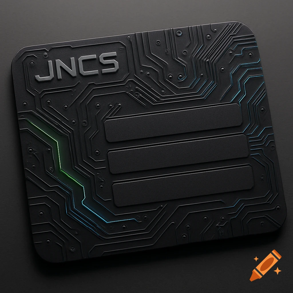 A dark business card designed like a motherboard with embossed circuits, glowing green and blue lines, and 'JNCS' text.