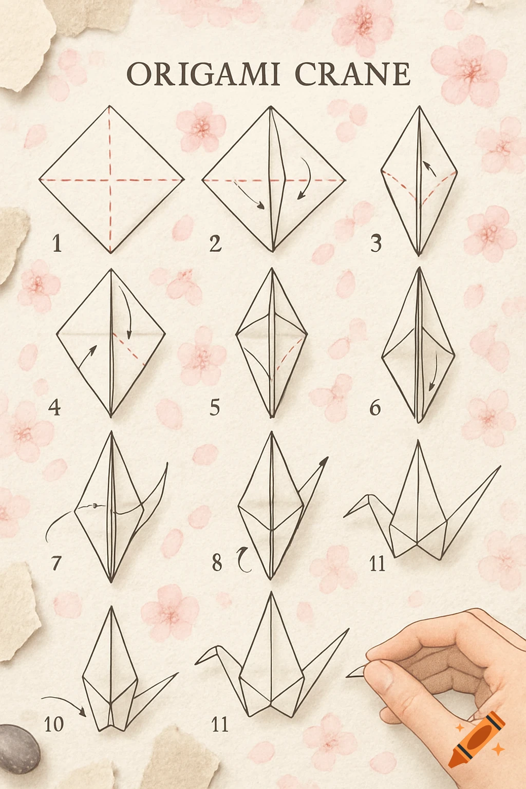 Origami instructions for folding a crane, with 11 numbered steps shown on a textured beige background with pink watercolor flowers and torn paper accents. A hand appears in the final step.