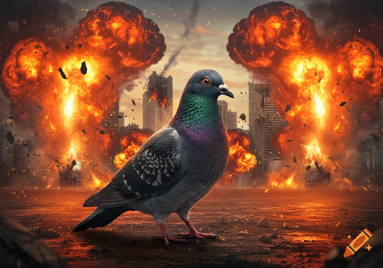 A close-up of a pigeon standing on cracked earth with a city exploding in the background under an orange sky, debris flying everywhere.
