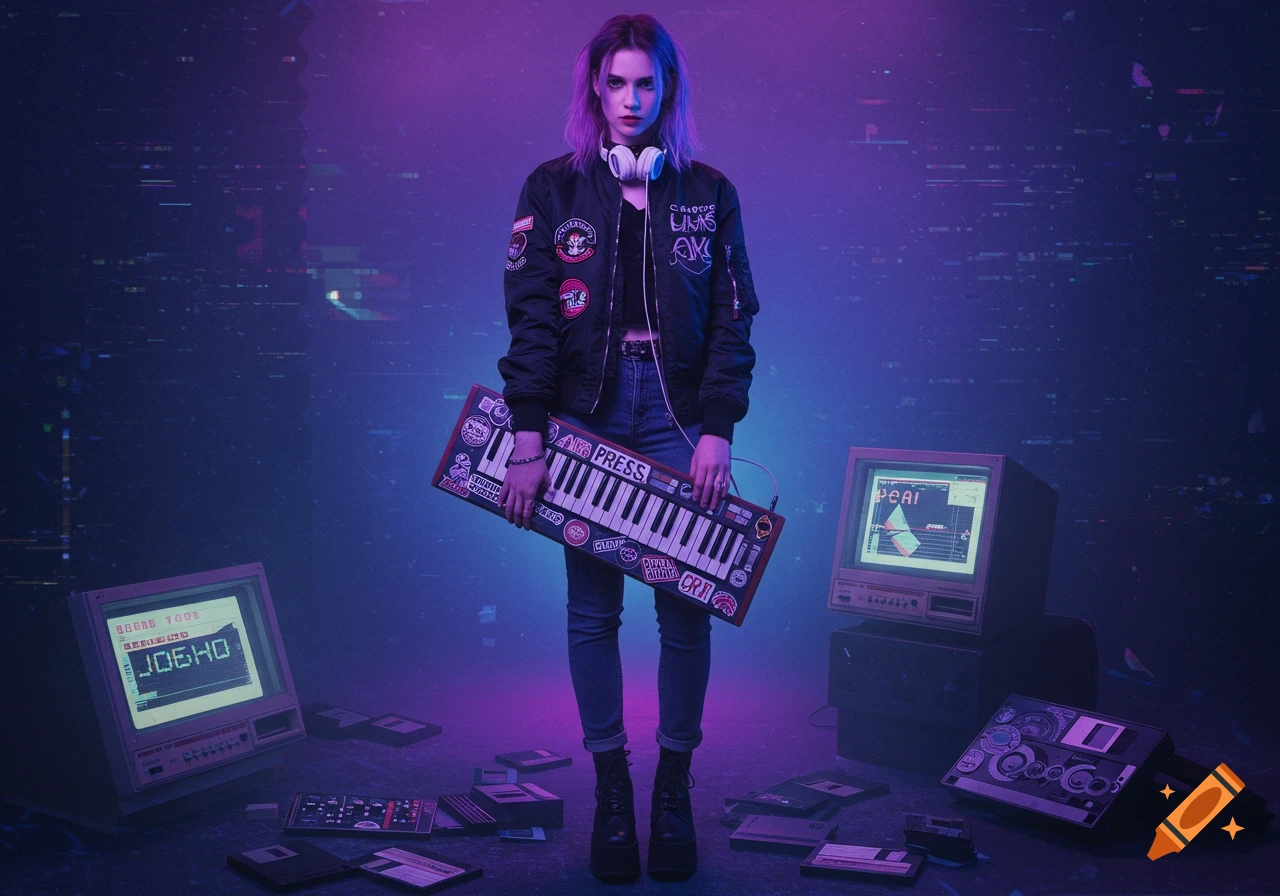 A woman with purple hair, headphones, and a bomber jacket stands in a neon-lit room, holding a sticker-covered synthesizer.