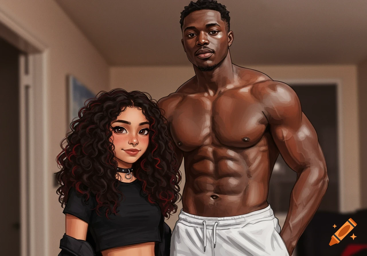 A muscular Black man in white sweatpants stands next to a Latina woman with curly hair and a black crop top, in an illustrative style.