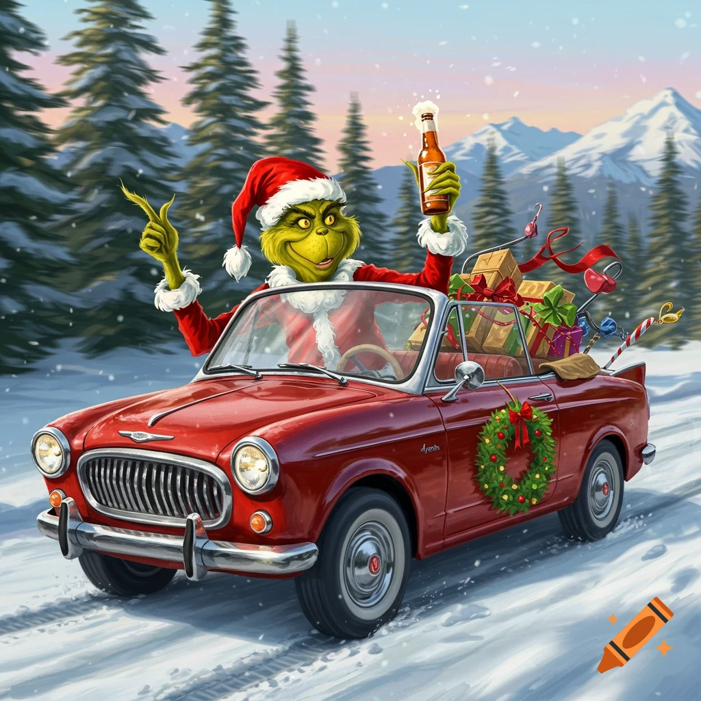 The Grinch in a Santa suit drives a red convertible car filled with presents through a snowy mountain scene, holding a beer.