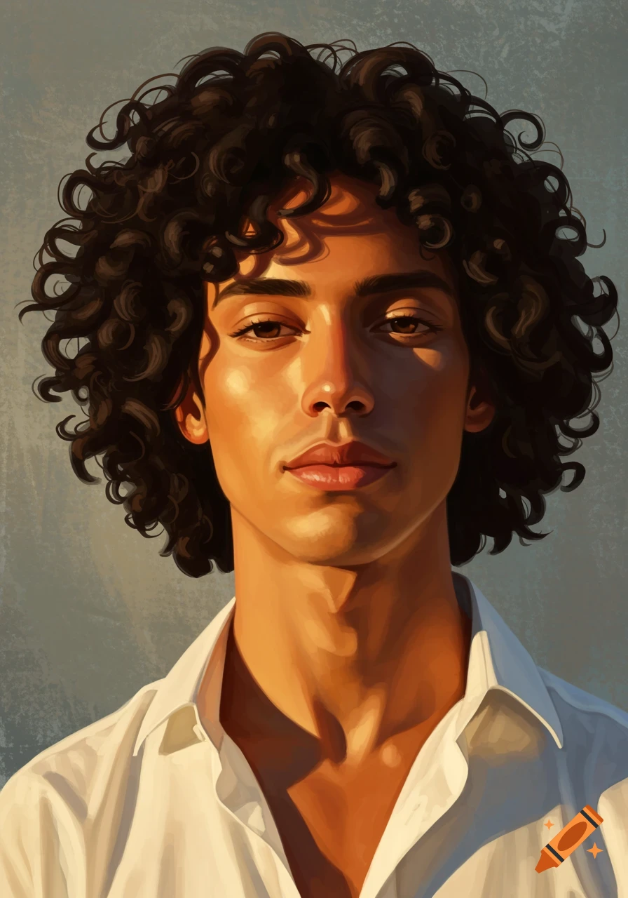 Head and shoulders portrait of a young male with curly black hair and tanned skin, wearing a white shirt, in a painted style with warm lighting.