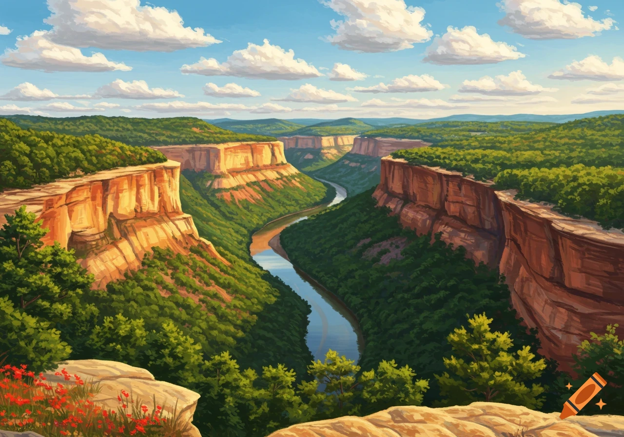 A vibrant painting of a lush green canyon with a winding river under a blue sky with fluffy clouds.
