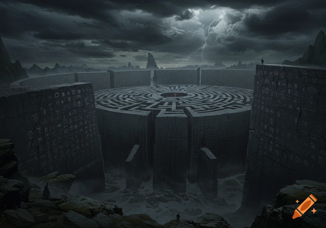 A colossal, dark stone labyrinth under a stormy sky with lightning. Small figures stand on the surrounding cliffs and within the maze.