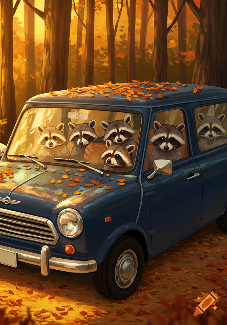Five raccoons ride in a dark blue car covered in autumn leaves, driving through a golden forest illustration.