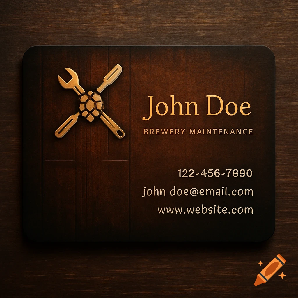 A dark wooden business card with a golden wrench and hop logo, text 'John Doe Brewery Maintenance' and contact information.