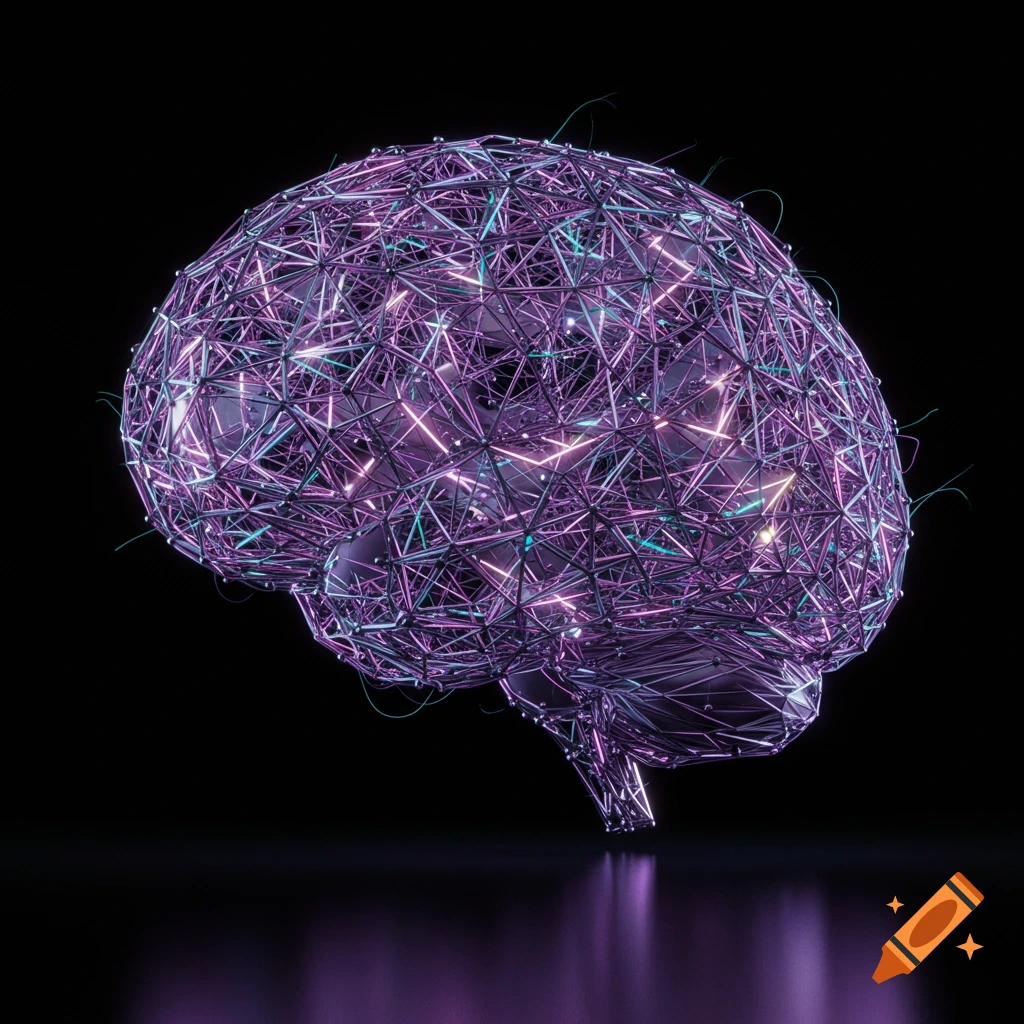 A glowing, purple and blue wireframe brain structure against a black background.