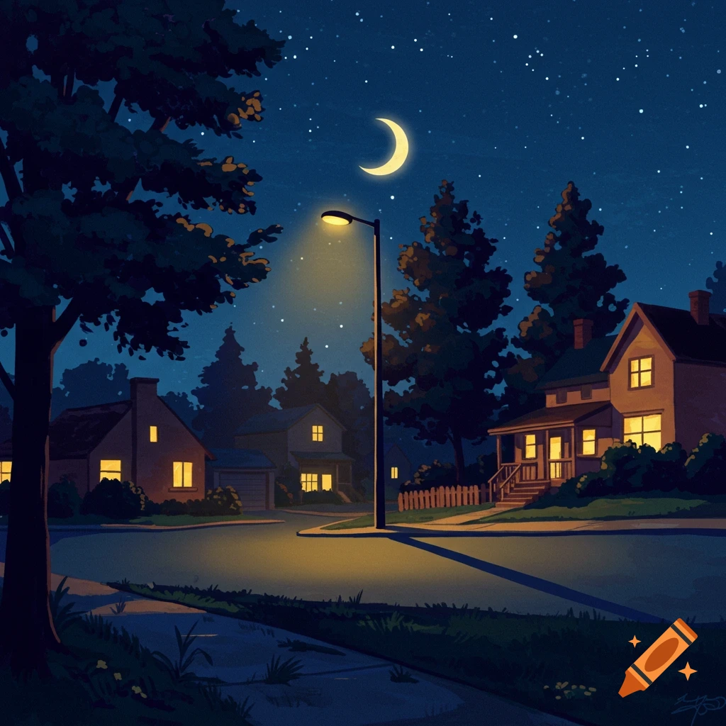 An illustrated view of a quiet suburban street at night, with glowing houses, a streetlamp, and a crescent moon in a starry sky.