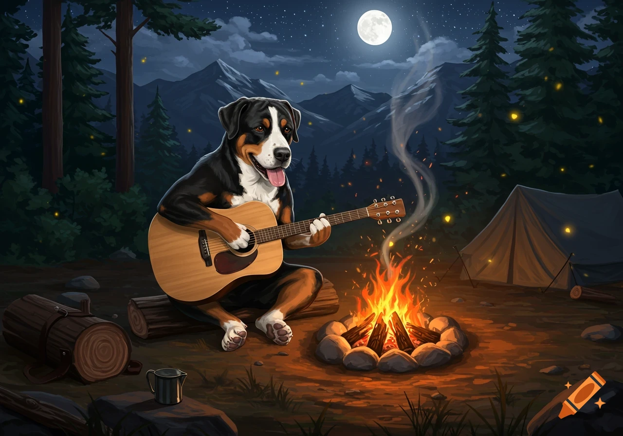 A Greater Swiss Mountain Dog plays acoustic guitar by a bright campfire at night, under a full moon, with mountains and a tent in the background. Illustrated style.