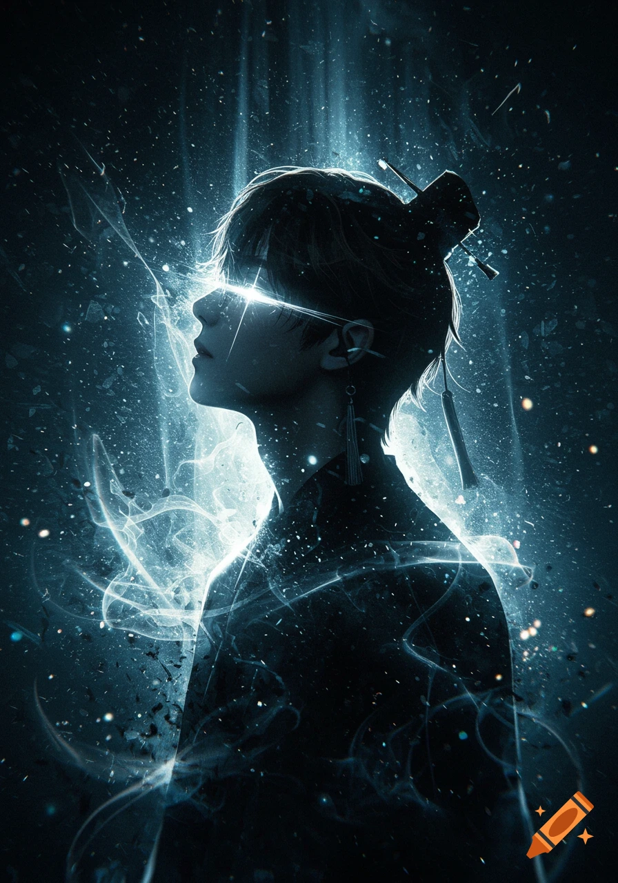 A stylized digital art portrait of a person with glowing eyes, surrounded by ethereal blue light and particles against a dark background.