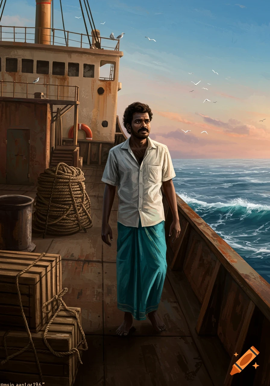 A man in traditional attire stands on the deck of an old ship, looking out at the ocean under a clear sky with birds flying.