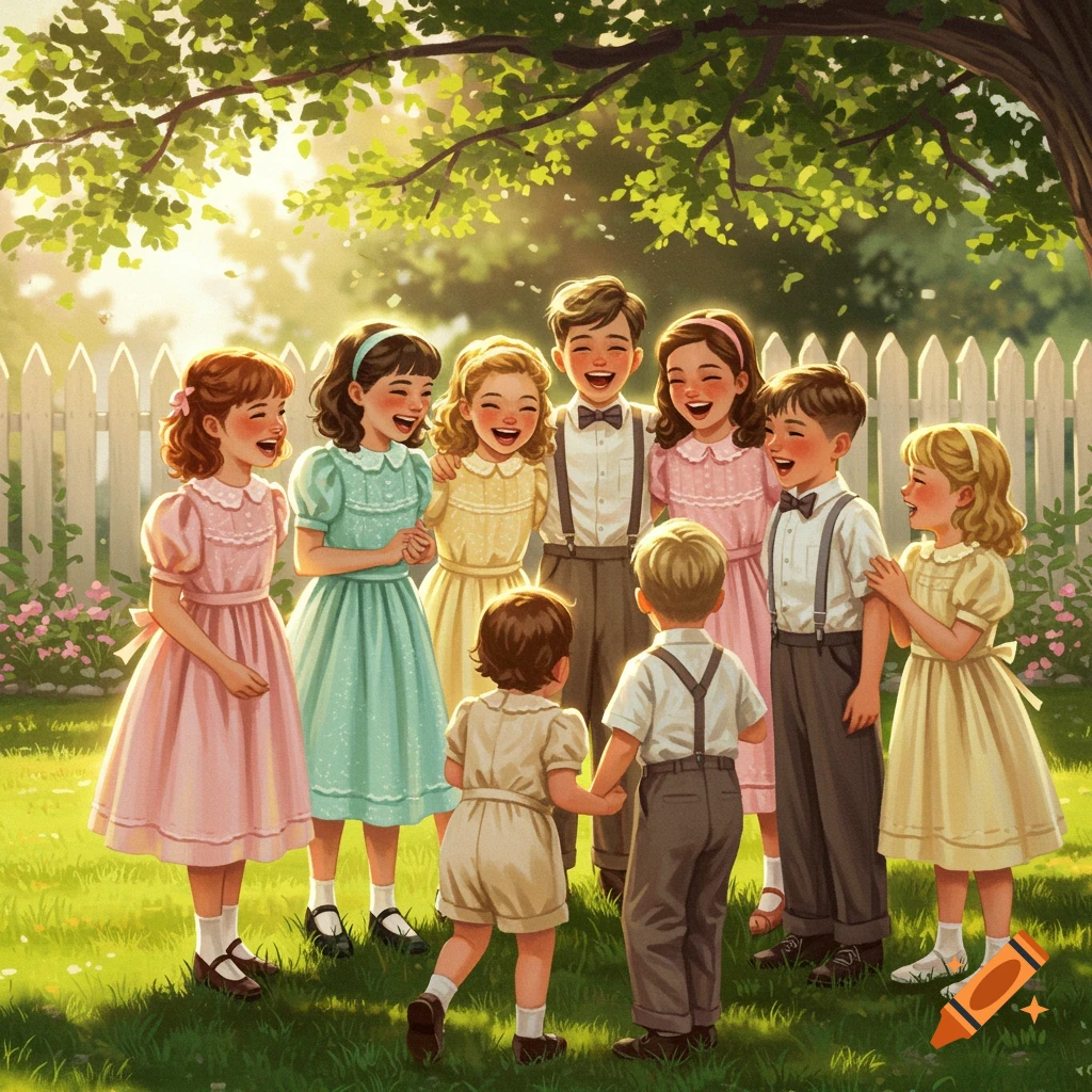 Eight happy children in 1950s pastel clothing laugh in a sunny garden with a white picket fence.