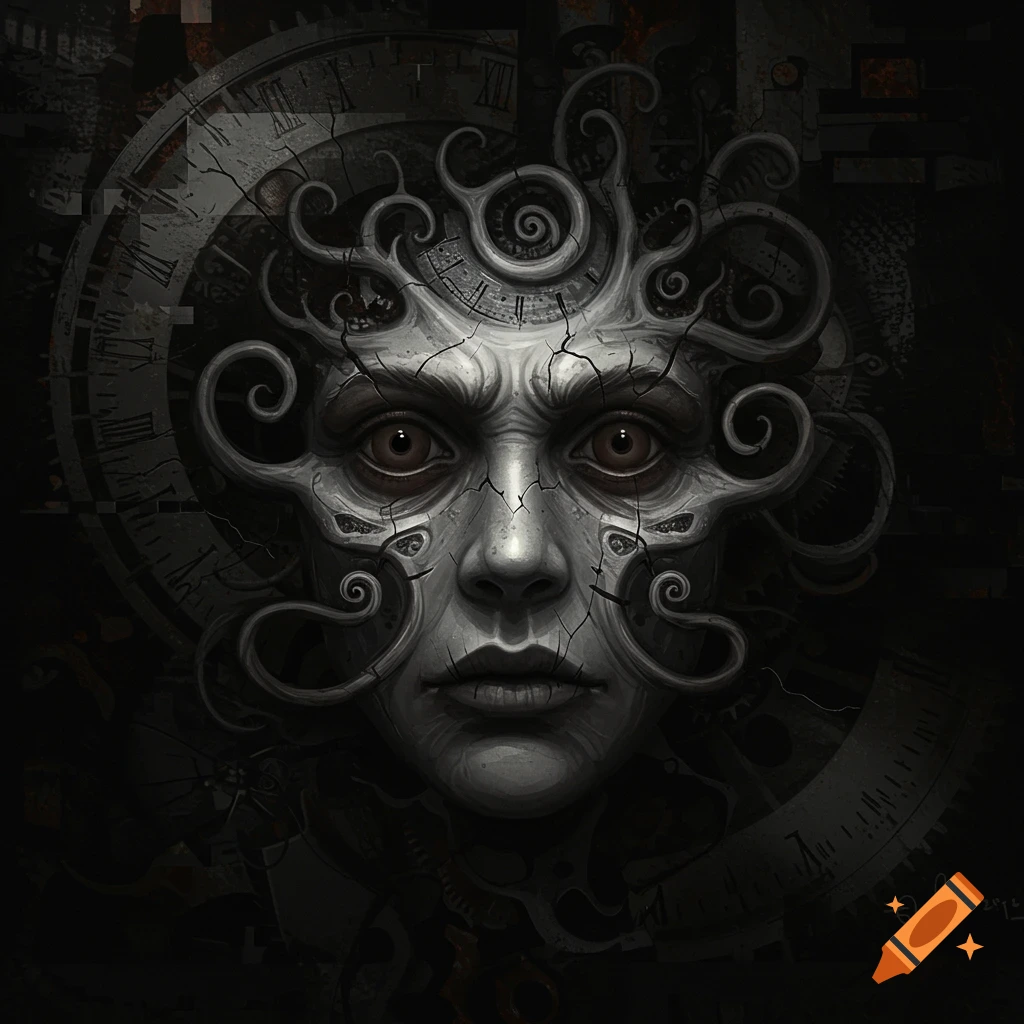 A monochrome, unsettling face with cracked skin and swirling, organic tendrils for hair. Clock gears and roman numerals are in the dark background.