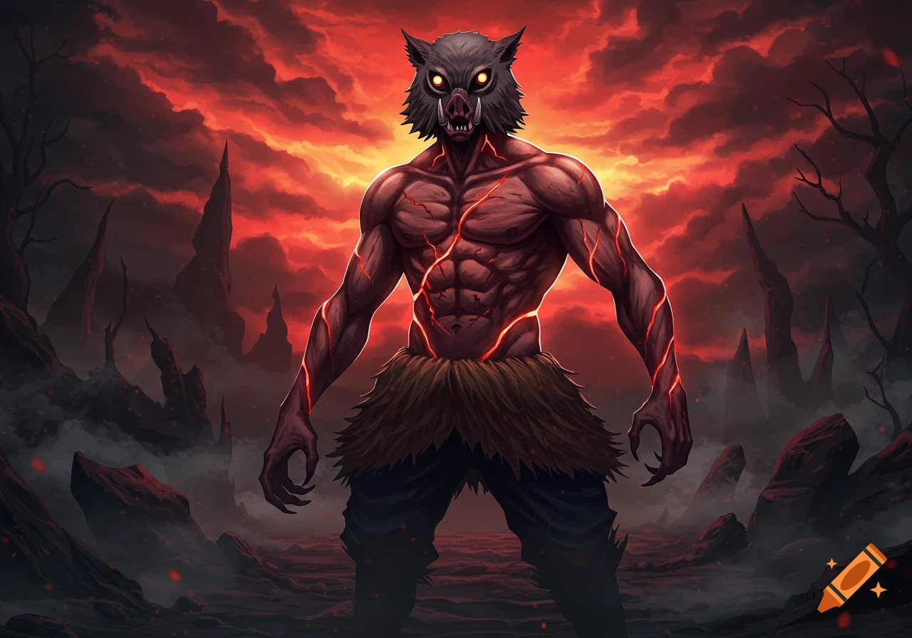 A muscular, humanoid demon with a boar head mask and glowing red cracks on its body stands in a desolate, fiery landscape.