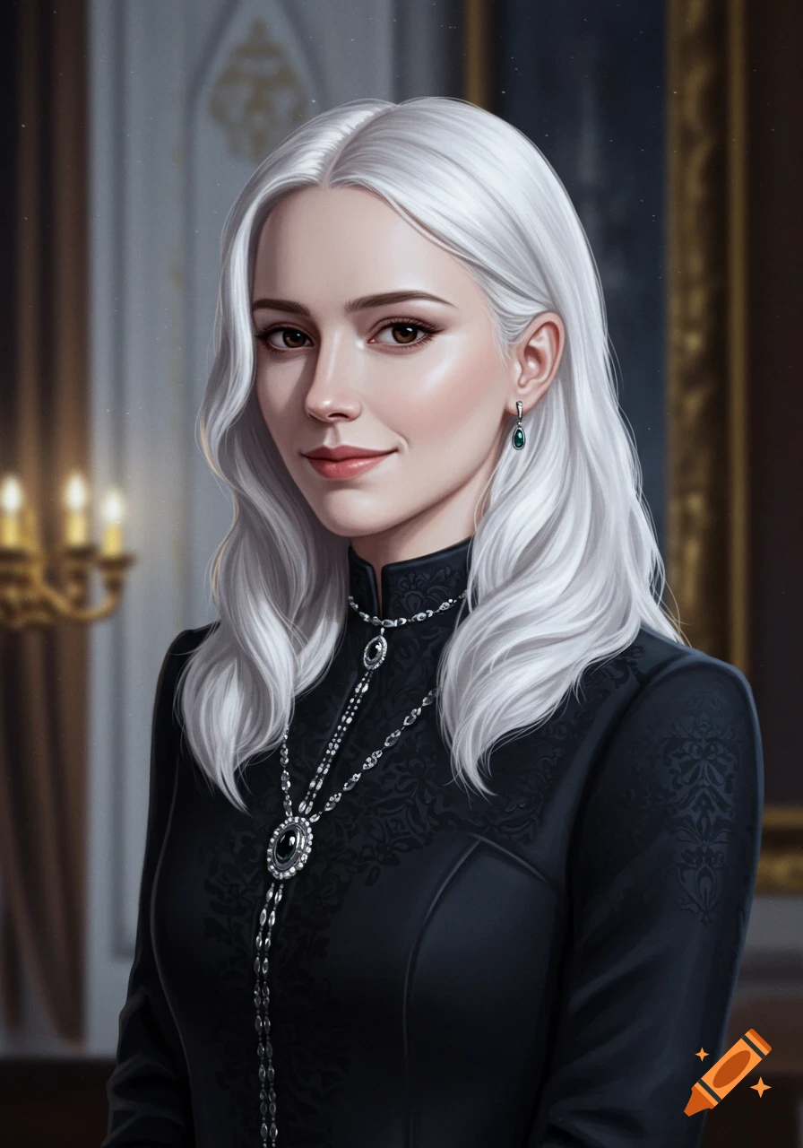 Elegant woman with long white hair and brown eyes wearing a black dress and silver necklace, looking calmly at the viewer in a formal setting.