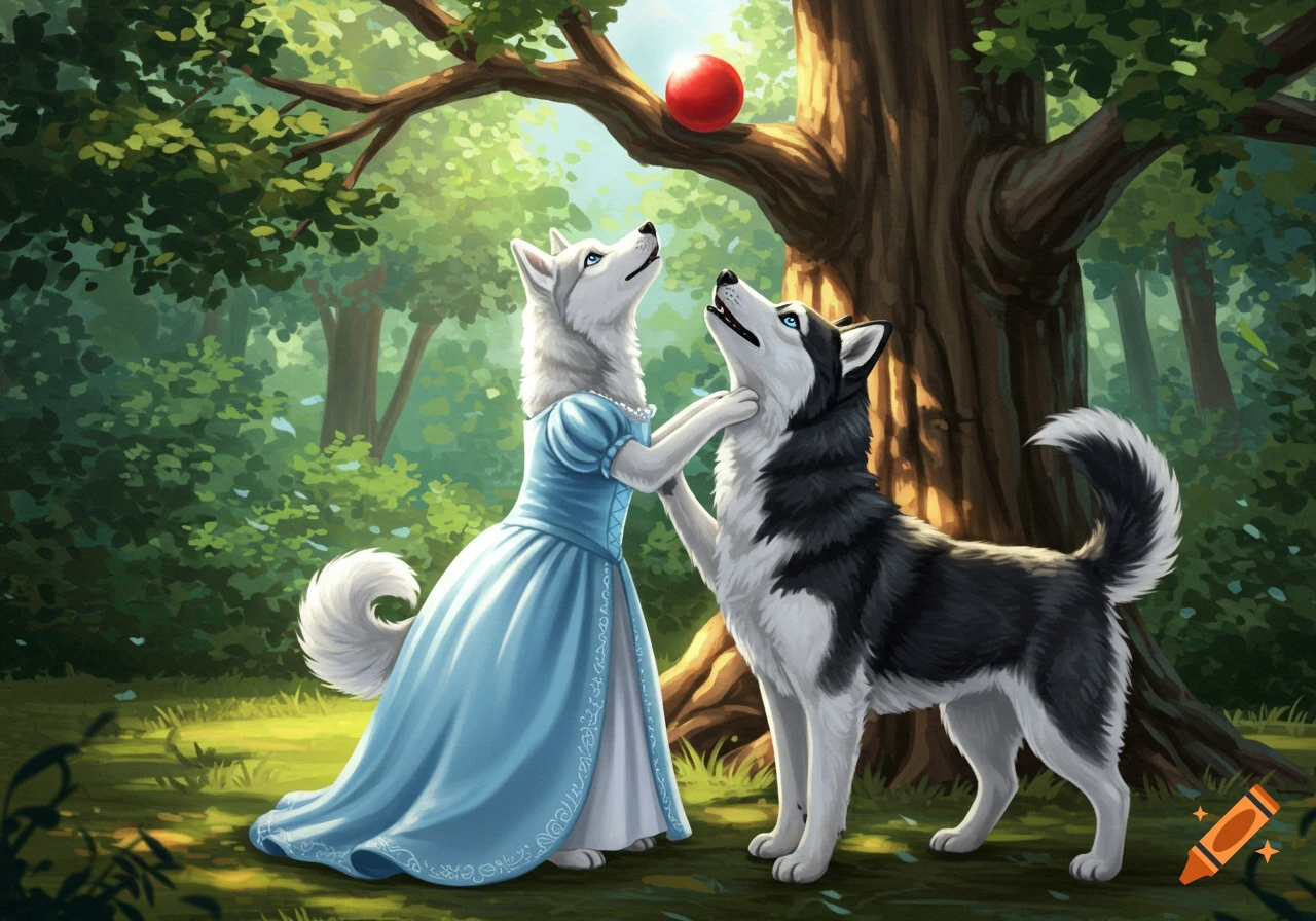 An illustrated scene of a white husky in a blue princess dress reaching for a red ball in a tree, while a black and white husky helps, in a lush forest.