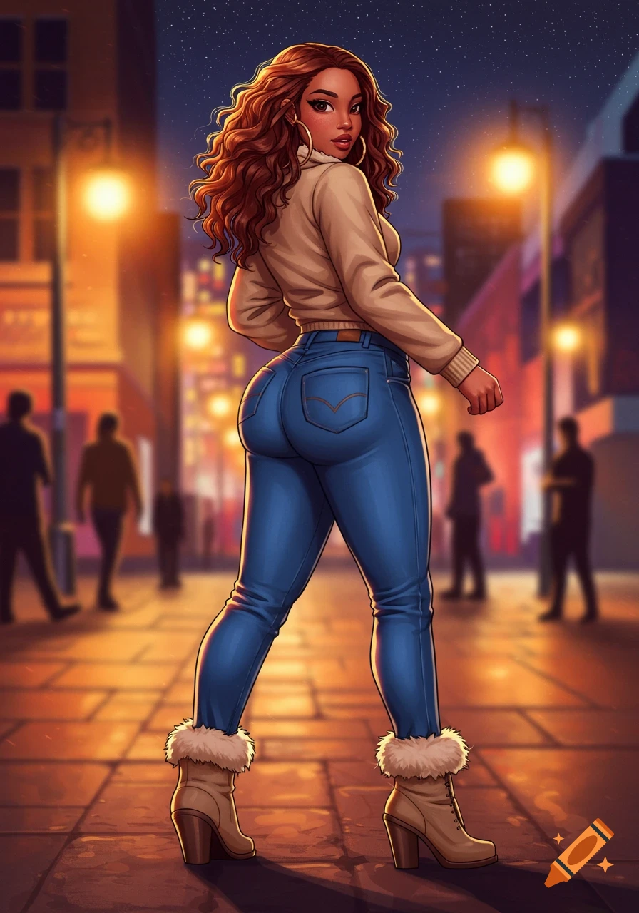 A cartoon woman in tight blue jeans, a beige sweater, and fur-trimmed boots walks on a city street at night, looking over her shoulder.