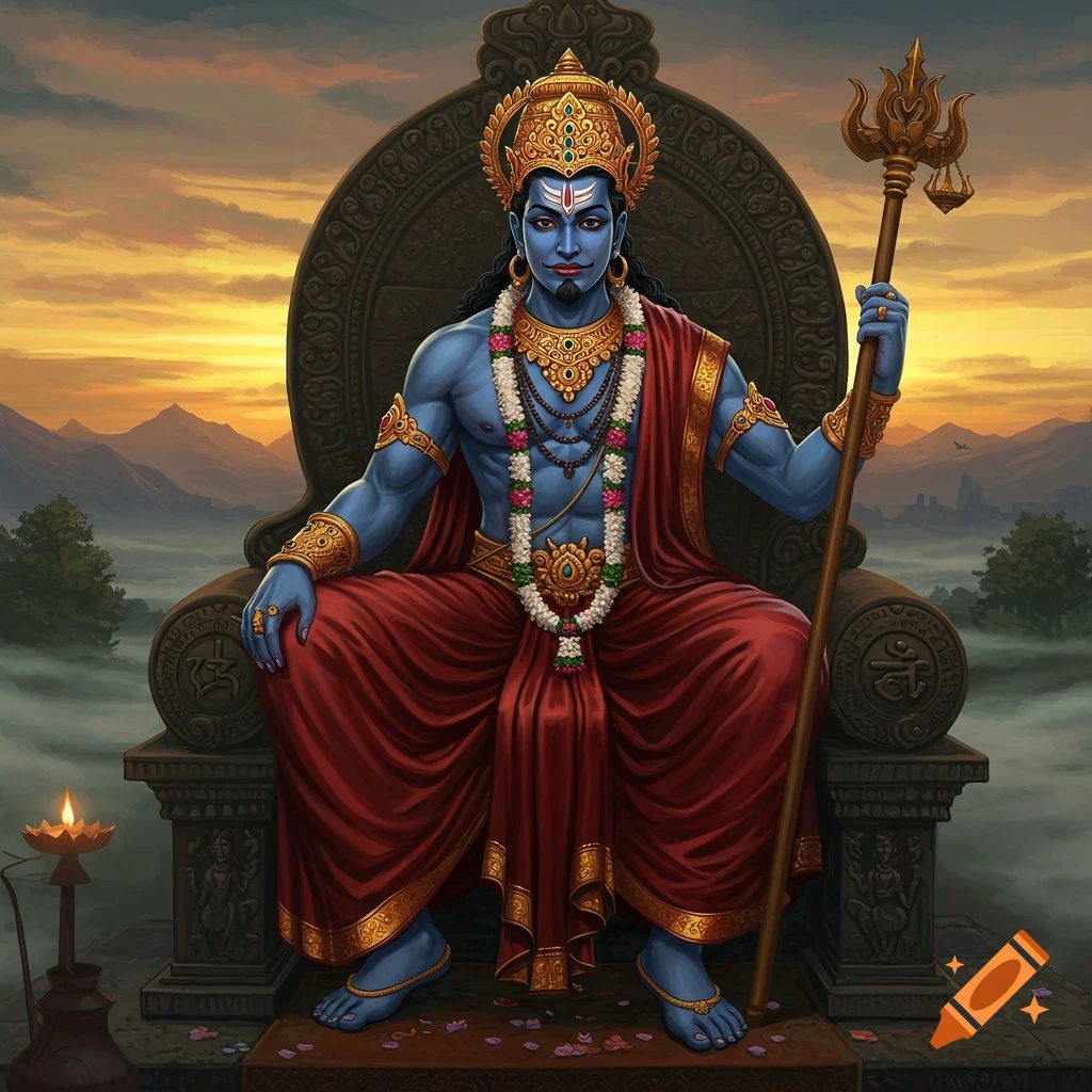 A blue-skinned male deity adorned with gold jewelry and a crown sits on a stone throne, holding a golden trident, against a sunset mountain backdrop.