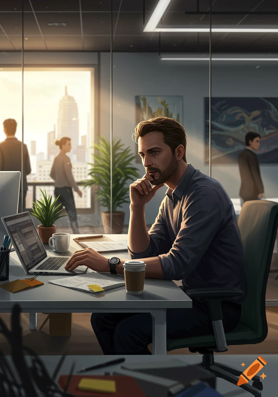 A man with a beard sits at a desk in a modern office, working on a laptop with a thoughtful expression. A city skyline is visible through the window.