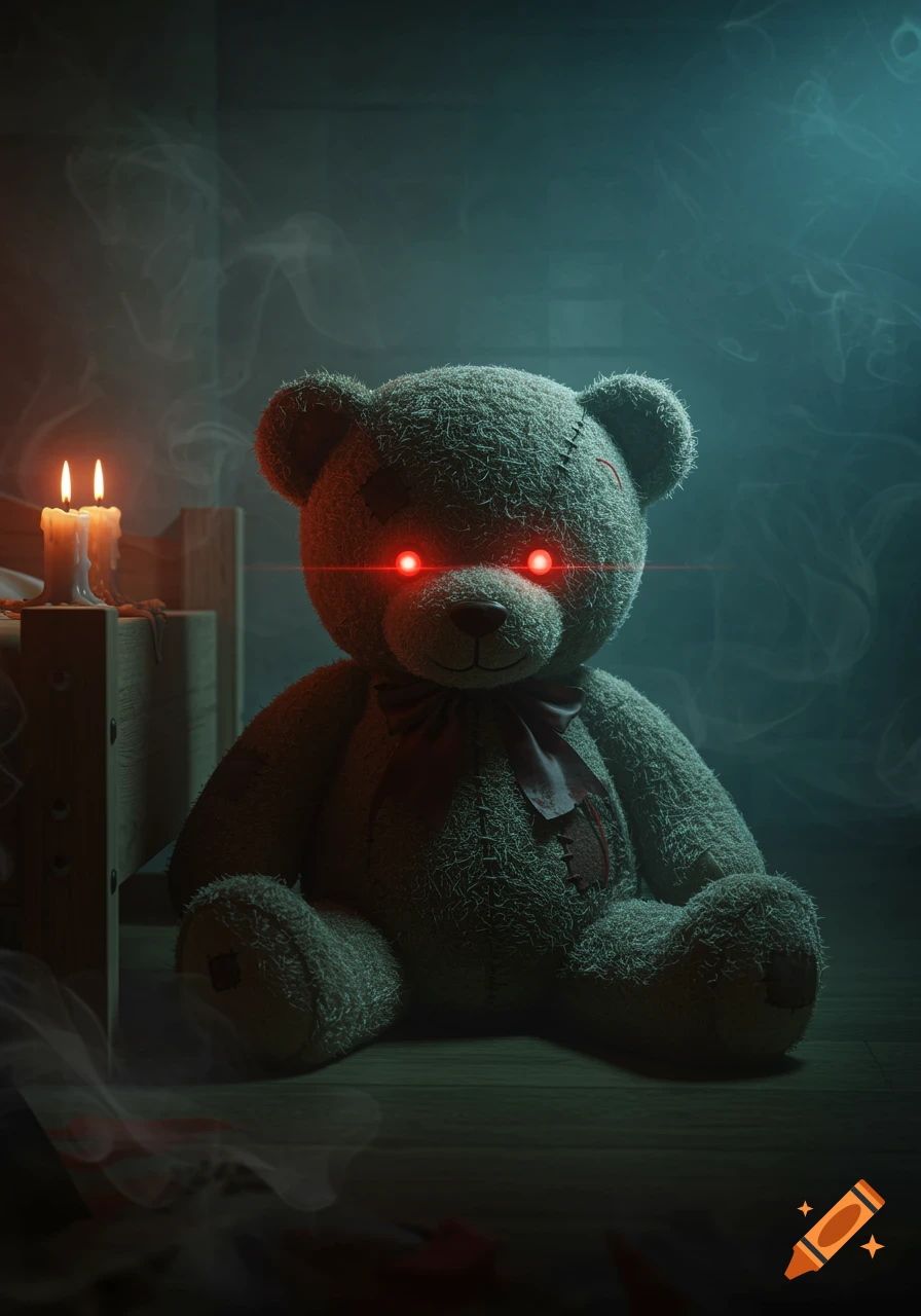 A creepy grey teddy bear with glowing red eyes sits on a wooden floor in a dark, smoky room lit by two candles.